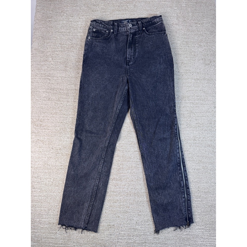 Abercrombie & Fitch Ultra High Rise Mom Jean 28 6R Black Acid Wash Side Zip Hem
